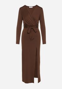Born2be - Brązowa Sukienka Kopertowa z Wiskozą Zdobiona Rozcięciem i Wiązanym Paskiem Teslea. Okazja: na co dzień. Kolor: brązowy. Materiał: wiskoza. Wzór: aplikacja. Typ sukienki: kopertowe. Styl: klasyczny, casual, elegancki #2