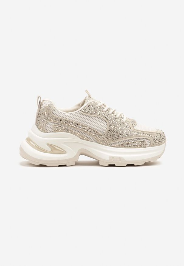 Renee - Beżowe Sneakersy na Platformie Ozdobione Cyrkoniami Kornelai. Okazja: na co dzień. Kolor: beżowy. Wzór: aplikacja. Obcas: na platformie