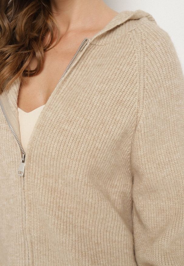 Born2be - Beżowy Komplet z Wełną i Bawełną Szerokie Spodnie i Rozpinana Bluzka z Kapturem Reikania. Kolor: beżowy. Materiał: bawełna, wełna