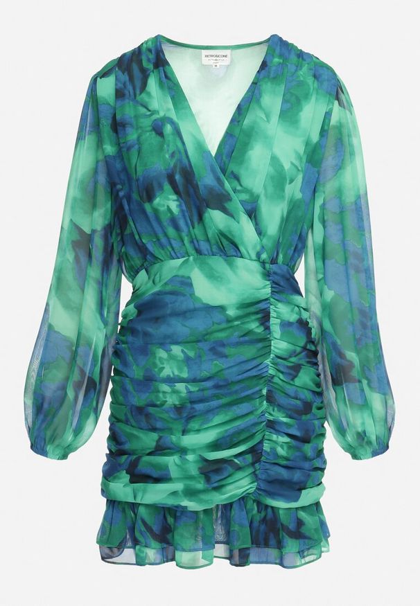 Born2be - Zielona Sukienka Mini z Drapowanym Dołem Falbanką i Kopertowym Dekoltem Elissea. Kolor: zielony. Materiał: materiał. Typ sukienki: kopertowe. Długość: mini