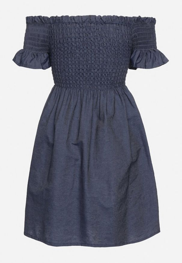 Born2be - Granatowa Bawełniana Sukienka Typu Hiszpanka z Marszczoną Górą Rialifea. Okazja: na co dzień. Typ kołnierza: dekolt hiszpanka. Kolor: niebieski. Materiał: bawełna. Długość rękawa: krótki rękaw. Typ sukienki: proste. Styl: casual