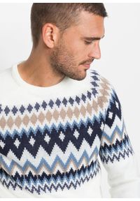 bonprix - Sweter w norweski wzór, z poliestru z recyklingu. Kolor: biały. Materiał: poliester. Wzór: prążki #3