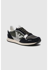 Emporio Armani - EMPORIO ARMANI Zielone sneakersy męskie z białym logo. Kolor: zielony. Materiał: skóra, materiał, zamsz. Szerokość cholewki: normalna. Wzór: aplikacja