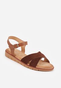 Renee - Ciemnobrązowe Płaskie Sandały VICES z Cholewką ze Skrzyżowanymi Paskami Emelika. Zapięcie: pasek. Kolor: brązowy. Wzór: haft. Styl: boho #5