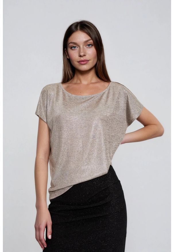 MOODO - Błyszcząca bluzka srebrna. Kolor: srebrny. Materiał: poliester, elastan
