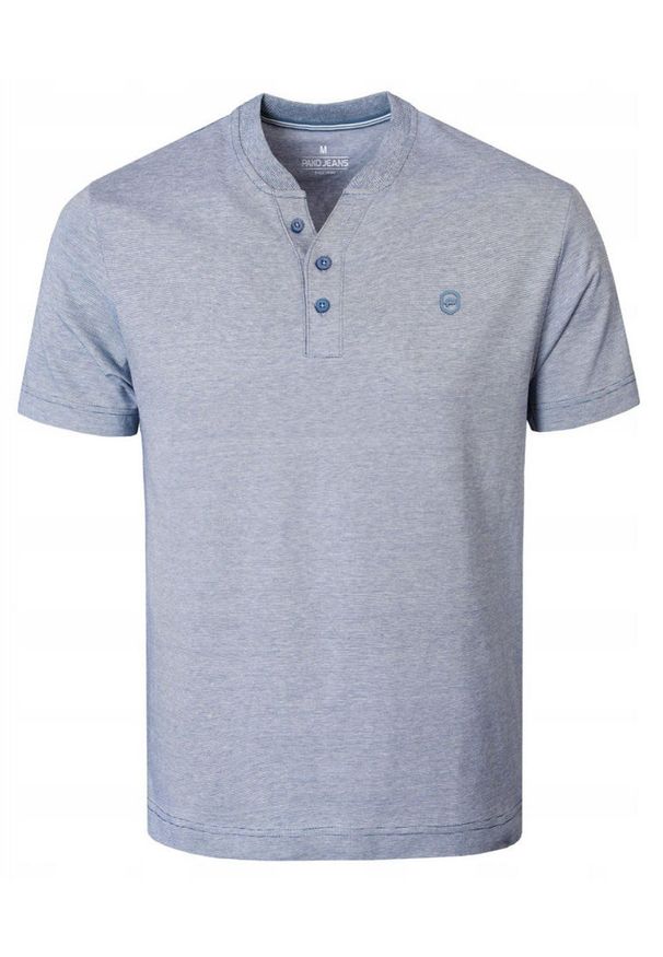 Koszulka Męska (T-Shirt) na Stójce z Guzikami - Pako Jeans - Niebieska. Okazja: na co dzień. Typ kołnierza: kołnierzyk stójkowy. Kolor: niebieski. Materiał: bawełna. Styl: casual