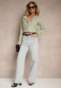 Renee - Jasnozielony Klasyczny Kardigan z Zaokrąglonym Dekoltem Reonira. Okazja: na co dzień. Kolor: zielony. Materiał: jeans. Styl: klasyczny