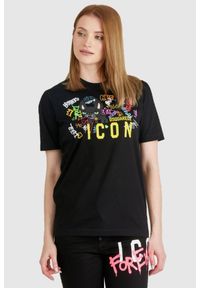 DSQUARED2 Czarny t-shirt damski z graffiti, Rozmiar S. Kolor: czarny. Materiał: prążkowany, bawełna. Wzór: kolorowy, nadruk
