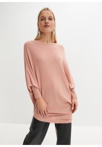 bonprix - Sweter oversize z asymetrycznym dołem. Kolor: różowy. Wzór: prążki #1