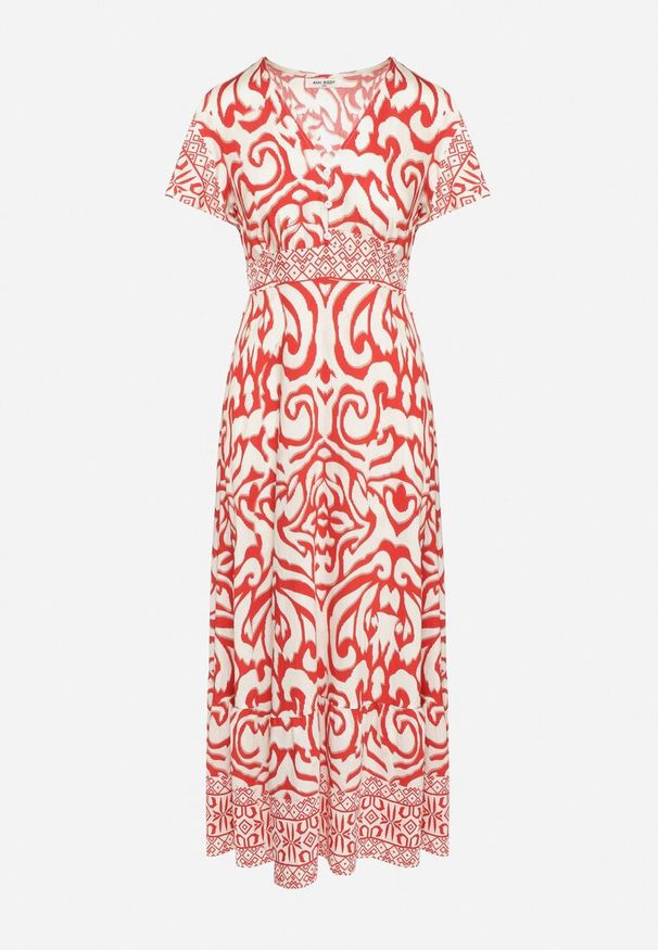 Born2be - Czerwona Sukienka o Rozkloszowanym Kroju w Ornamentalny Wzór Tillivene. Okazja: na co dzień. Typ kołnierza: dekolt w kształcie V. Kolor: czerwony. Długość rękawa: krótki rękaw. Styl: casual