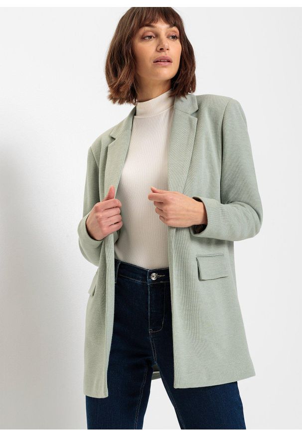 bonprix - Długi żakiet z dżerseju z kieszeniami. Kolor: zielony. Materiał: jersey. Długość: długie