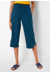 bonprix - Szerokie spodnie culotte z dżerseju z wygodnym paskiem, dł. 3/4. Kolor: niebieski. Materiał: jersey. Styl: elegancki #1