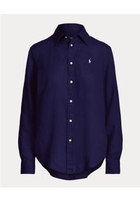 Ralph Lauren - RALPH LAUREN - Damska koszula z lnu. Typ kołnierza: polo. Kolor: niebieski. Materiał: len. Długość rękawa: długi rękaw. Długość: długie. Wzór: aplikacja
