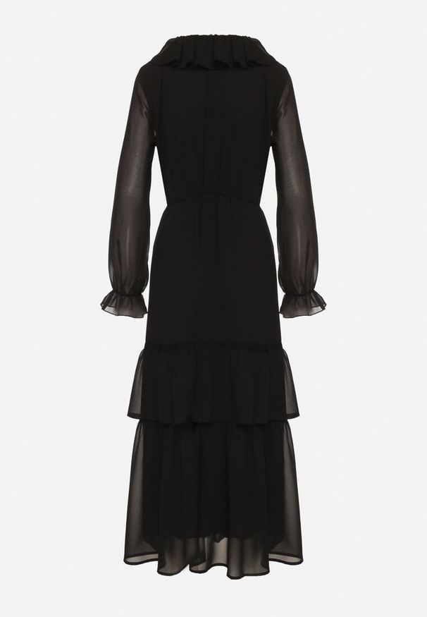 Born2be - Czarna Siateczkowa Sukienka VICES o Rozkloszowanym Kroju z Falbanami Arevite. Typ kołnierza: dekolt w kształcie V. Kolor: czarny. Typ sukienki: rozkloszowane. Styl: klasyczny