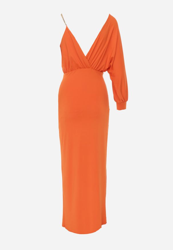 Born2be - Pomarańczowa Asymetryczna Sukienka Maxi na Jedno Ramię z Łańcuszkiem Przy Ramieniu Kesilli. Kolor: pomarańczowy. Materiał: wiskoza. Sezon: lato. Typ sukienki: asymetryczne. Styl: elegancki. Długość: maxi