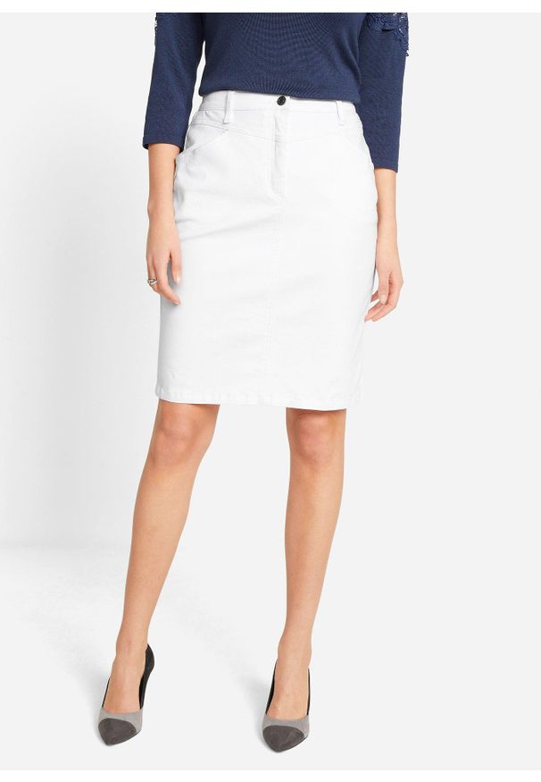 bonprix - Spódnica dżinsowa ze stretchem. Okazja: na spotkanie biznesowe, do pracy. Kolor: biały. Materiał: materiał. Wzór: nadruk. Styl: biznesowy, elegancki, sportowy, klasyczny