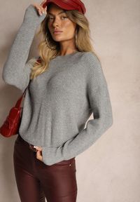 Renee - Szary Sweter z Wiskozą Ozdobiony Metaliczną Nicią Lialicia. Kolor: szary. Materiał: wiskoza. Wzór: aplikacja. Sezon: zima