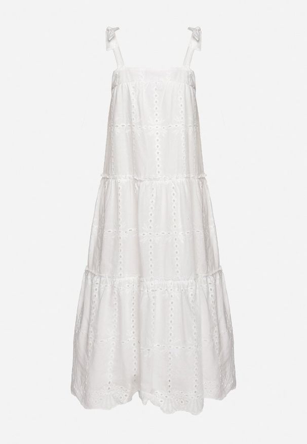 Born2be - Biała Bawełniana Sukienka z Ozdobnym Haftem na Ramiączkach z Kokardkami Quonea. Okazja: na co dzień. Typ kołnierza: kokarda. Kolor: biały. Materiał: bawełna. Długość rękawa: na ramiączkach. Wzór: haft. Typ sukienki: proste. Styl: casual