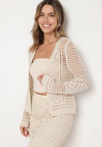 Born2be - Beżowy Ażurowy Kardigan z Bawełny Kolurelle. Okazja: na co dzień. Kolor: beżowy. Materiał: bawełna. Wzór: ażurowy. Styl: casual