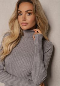 Renee - Szara Dopasowana Prążkowana Sukienka Sweterkowa z Golfem Wełną Bawełną i Kaszmirem Vaiovia. Okazja: na co dzień. Typ kołnierza: golf. Kolor: szary. Materiał: bawełna, prążkowany, wełna, kaszmir. Wzór: prążki. Typ sukienki: proste. Styl: casual, elegancki #3