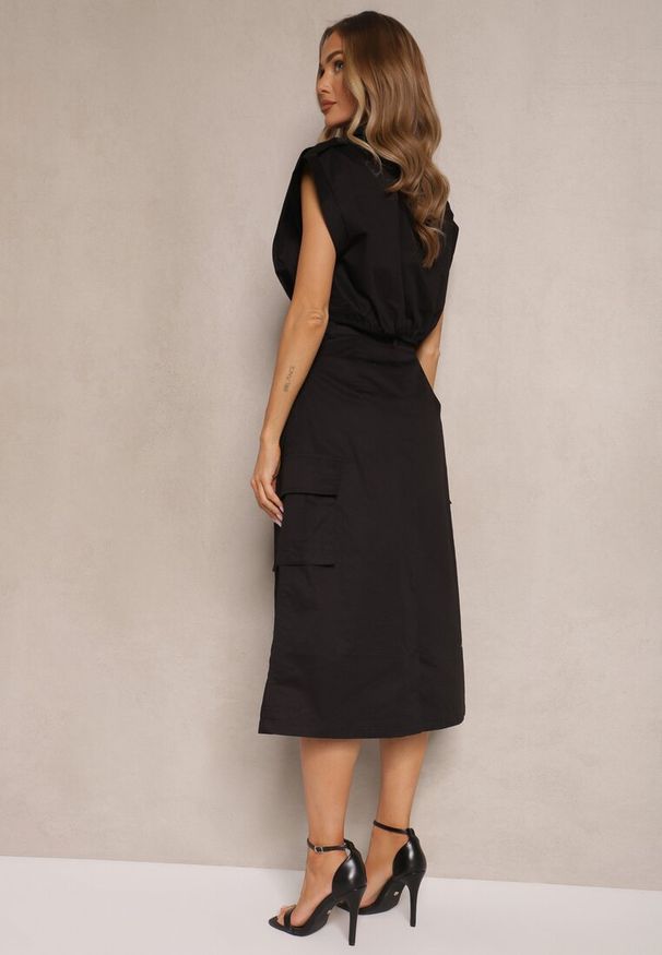 Renee - Czarny Komplet w Stylu Utility Koszula Cropped Bez Rękawów i Spódnica z Kieszeniami Notcha. Kolor: czarny