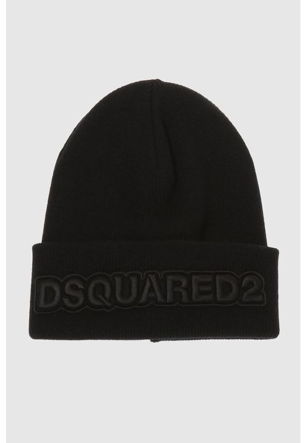 DSQUARED2 Czarna wełniana czapka z haftowanym logo. Kolor: czarny. Materiał: wełna. Wzór: haft