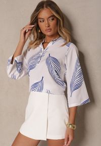 Renee - Biało-Niebieska Koszula z Bawełną i Motywem Liści Lumireline. Okazja: na co dzień. Kolor: biały. Materiał: bawełna. Styl: elegancki, casual