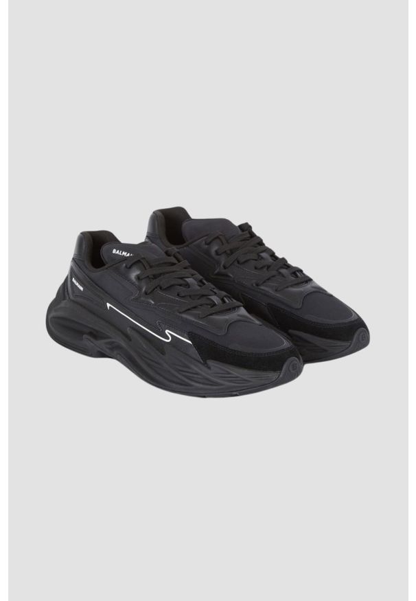 Balmain - BALMAIN Czarne sneakersy Run-row-leather & Nylon, Rozmiar 45. Kolor: czarny. Materiał: nylon. Sport: bieganie
