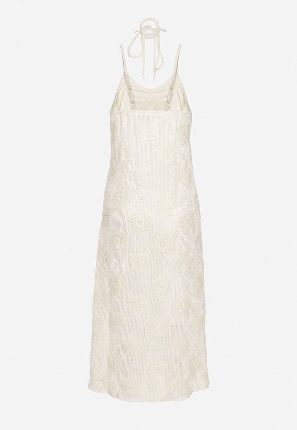 Born2be - Jasnobeżowa Sukienka na Cienkich Regulowanych Ramiączkach z Chokerem z Różą Ellabeth. Typ kołnierza: dekolt w kształcie V, choker. Kolor: beżowy. Długość rękawa: na ramiączkach