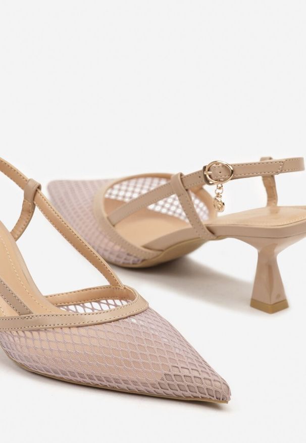 Renee - Beżowe Sandały Vices na Kaczuszce Slingback z Siateczkową Cholewką Lumevile. Zapięcie: sprzączka. Kolor: beżowy. Obcas: na szpilce. Styl: klasyczny, elegancki. Wysokość obcasa: średni
