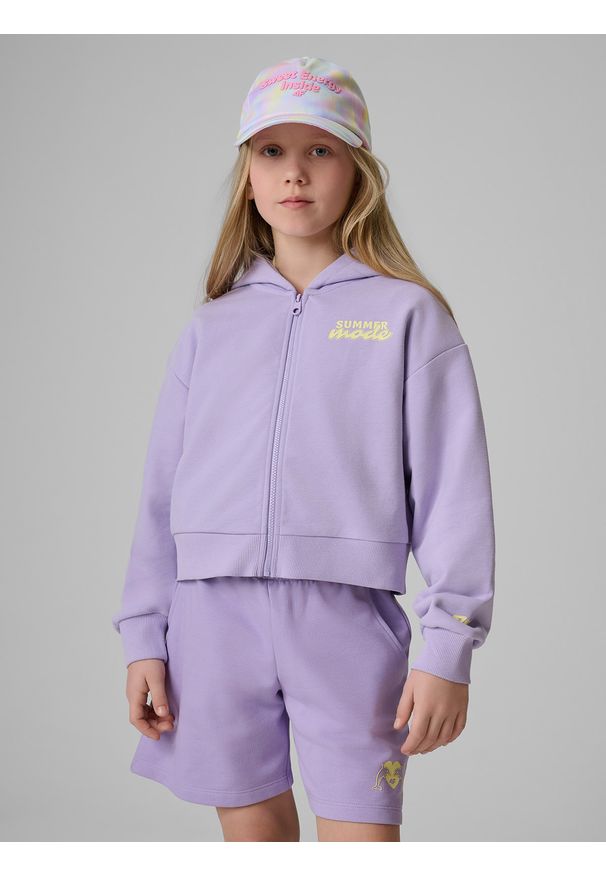 4f - 4F Bluza dresowa loose z kapturem dziewczęca - fioletowa 122/128 (6-8 lat). Okazja: na co dzień, na uczelnię, na spacer. Typ kołnierza: kaptur. Kolor: fioletowy. Materiał: dresówka. Sezon: lato. Styl: casual