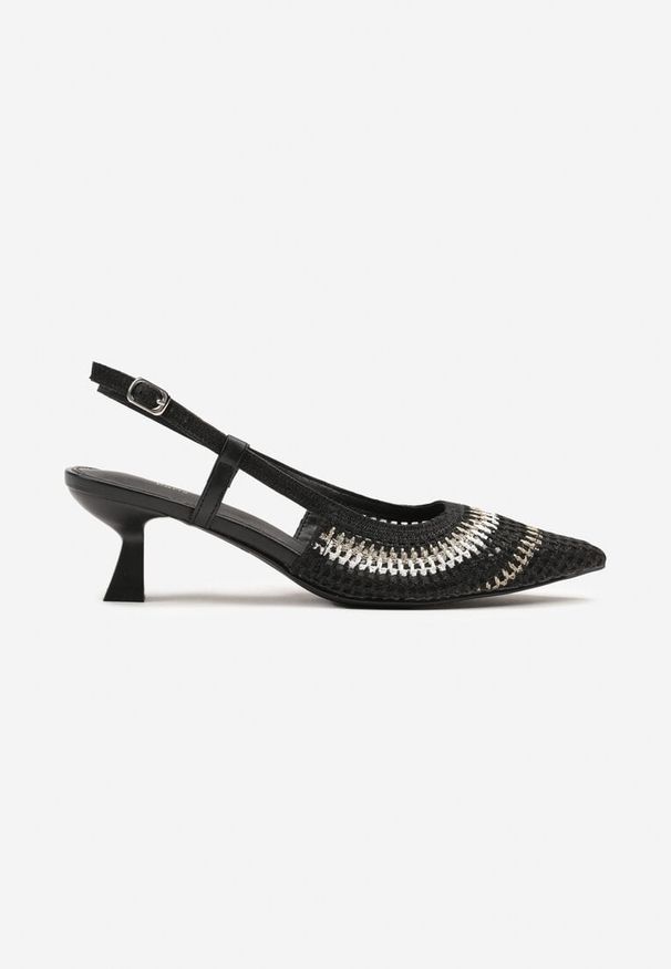 Renee - Czarne Plecione Sandały Sling-Back ze Sprzączką Ilorina. Okazja: na co dzień. Nosek buta: szpiczasty. Zapięcie: sprzączka. Kolor: czarny. Wzór: ażurowy. Materiał: jedwab. Obcas: na obcasie. Styl: casual, elegancki. Wysokość obcasa: średni