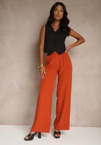 Renee - Pomarańczowe Szerokie Spodnie High Waist z Gumką w Pasie Eternel. Stan: podwyższony. Kolor: pomarańczowy. Materiał: tkanina