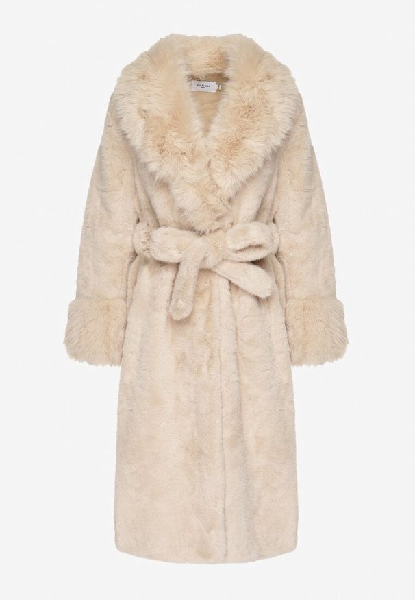 Born2be - Beżowy Futerkowy Płaszcz z Szerokim Kołnierzem i Mankietami z Wiązanym Paskiem Viaruna. Okazja: na imprezę, na co dzień. Kolor: beżowy. Materiał: dzianina. Długość rękawa: długi rękaw. Długość: długie. Styl: casual, elegancki