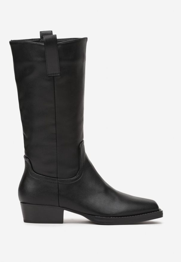 Renee - Czarne Kozaki Typu Kowbojki z Kwadratowym Noskiem Sanarwen. Kolor: czarny. Materiał: dzianina, skóra. Obcas: na obcasie. Styl: boho, elegancki. Wysokość obcasa: niski
