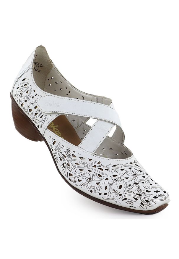 Skórzane półbuty damskie ażurowe na obcasie białe Rieker 43773-80. Kolor: biały. Materiał: skóra. Wzór: ażurowy. Obcas: na obcasie. Wysokość obcasa: średni