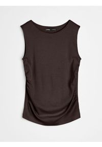 Sinsay - Bawełniana bluzka bez rękawów z ozdobnymi marszczeniami - brązowy. Kolor: brązowy. Materiał: bawełna. Długość rękawa: bez rękawów