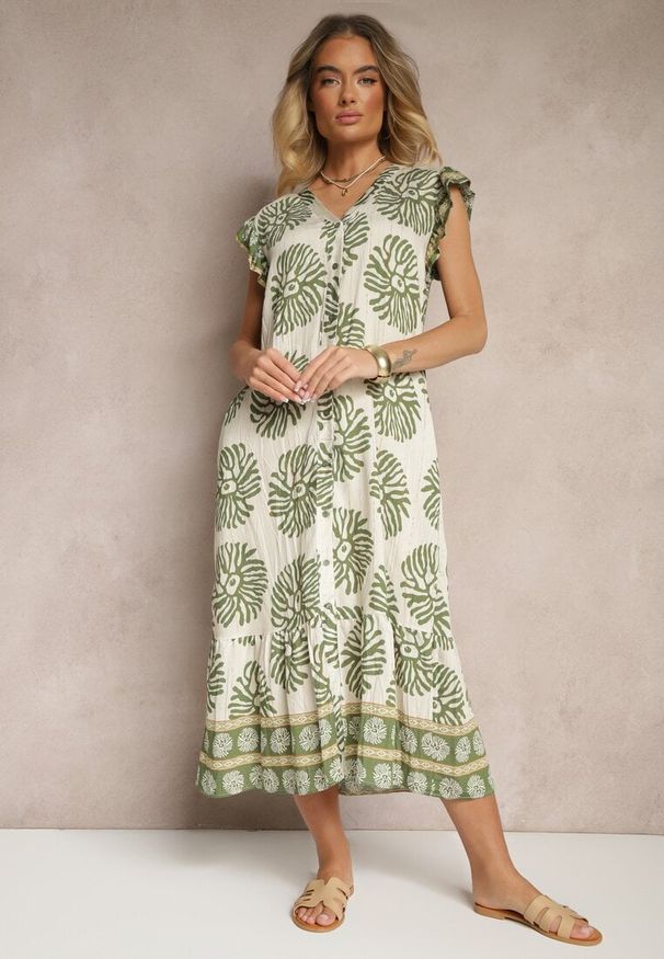 Renee - Zielona Sukienka Koszulowa z Wiskozą w Geometryczny Wzór Boredis. Okazja: na co dzień, na spotkanie biznesowe, do pracy. Typ kołnierza: kołnierz z falbankami. Kolor: zielony. Materiał: wiskoza. Wzór: geometria. Sezon: lato. Typ sukienki: koszulowe. Styl: biznesowy, casual, elegancki