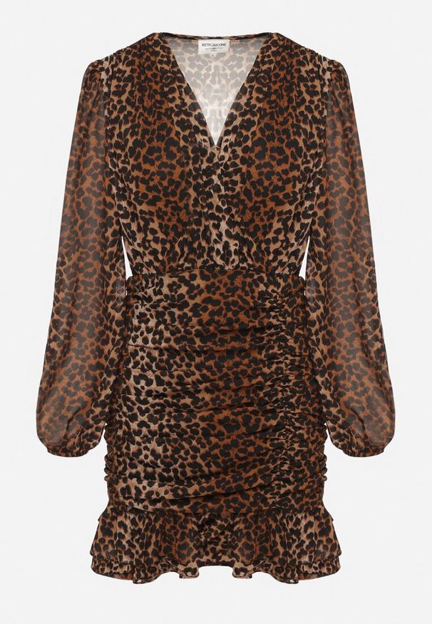 Born2be - Brązowa Kopertowa Sukienka w Panterkę z Marszczeniem i Falbanką Semiriael. Okazja: na co dzień. Typ kołnierza: kołnierz z falbankami, dekolt w kształcie V. Kolor: brązowy. Wzór: motyw zwierzęcy. Typ sukienki: kopertowe. Styl: rockowy, casual, klasyczny, elegancki