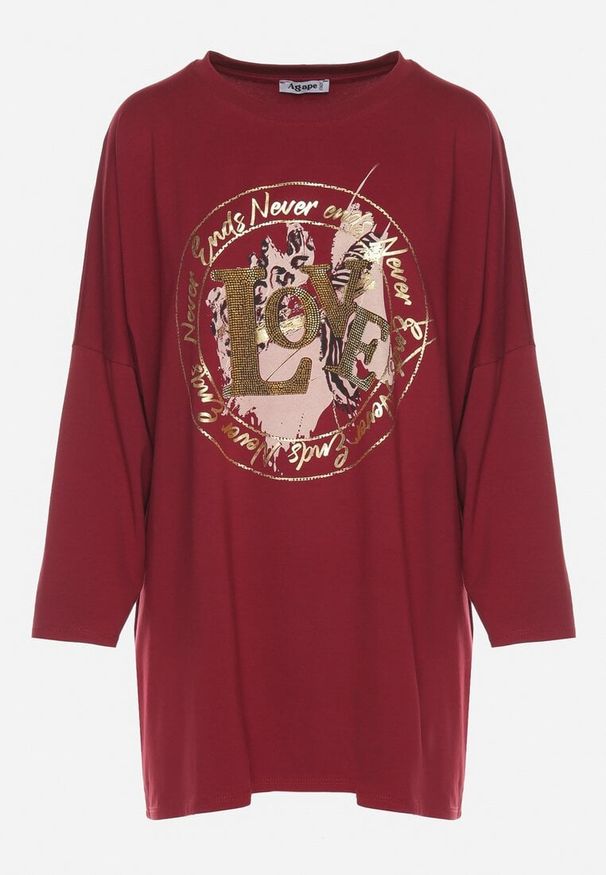 Born2be - Bordowa Bluzka Bawełniana Oversize z Nadrukiem i Cyrkoniami Reriola. Okazja: na co dzień. Kolor: czerwony. Materiał: bawełna. Wzór: nadruk. Styl: casual