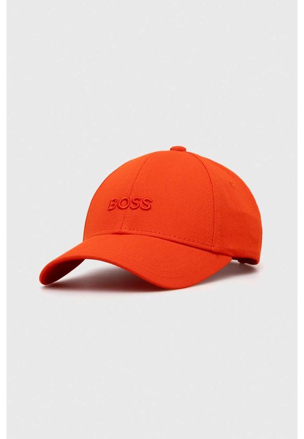 BOSS czapka z daszkiem bawełniana kolor pomarańczowy z aplikacją. Kolor: pomarańczowy. Materiał: bawełna. Wzór: aplikacja