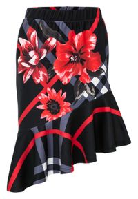 Spódnica z falbaną bonprix czarno-czerwony w kwiaty. Kolor: czarny. Wzór: kwiaty. Styl: elegancki #1