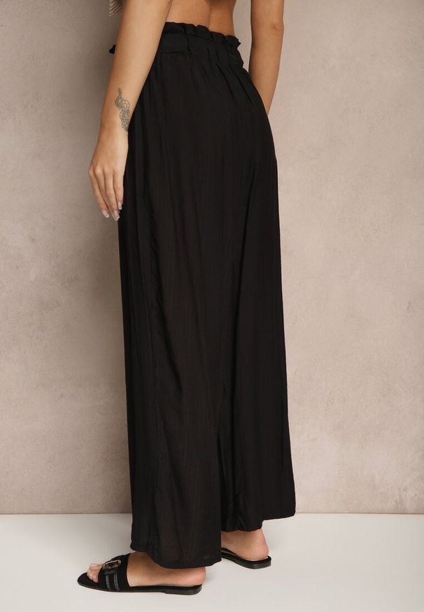 Renee - Czarne Spodnie High Waist o Szerokim Kroju z Wiązaniem Telisiela. Okazja: na co dzień. Stan: podwyższony. Kolor: czarny. Styl: klasyczny, casual, elegancki