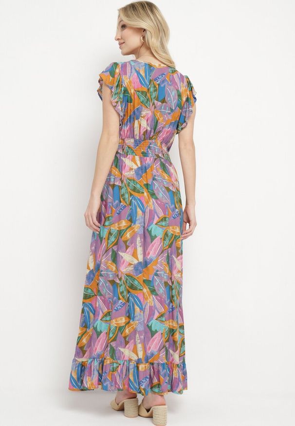 Born2be - Fioletowa Asymetryczna Sukienka z Wiskozy z Gumką w Talii i Falbanką Carua. Kolor: fioletowy. Materiał: wiskoza. Typ sukienki: asymetryczne. Styl: elegancki