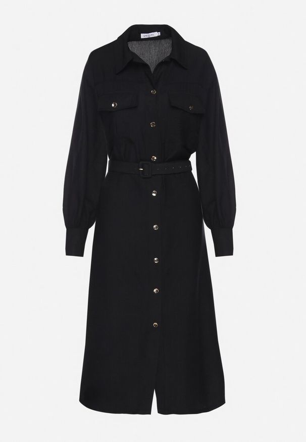 Born2be - Czarna Wiskozowa Sukienka o Koszulowym Kroju z Paskiem z Klamrą i Kieszeniami Lisavianna. Okazja: na co dzień, do pracy, na spotkanie biznesowe. Kolor: czarny. Materiał: wiskoza. Długość rękawa: długi rękaw. Typ sukienki: koszulowe. Styl: biznesowy, klasyczny, casual, elegancki