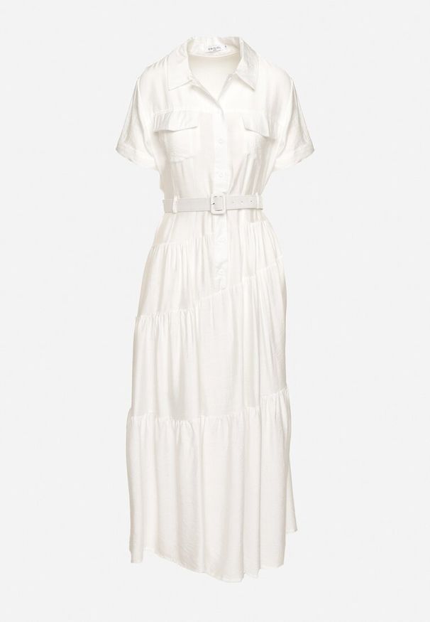 Born2be - Biała Sukienka Koszulowa o Rozkloszowanym Kroju z Paskiem w Talii Vimorise. Typ kołnierza: dekolt w kształcie V. Kolor: biały. Typ sukienki: koszulowe. Styl: elegancki