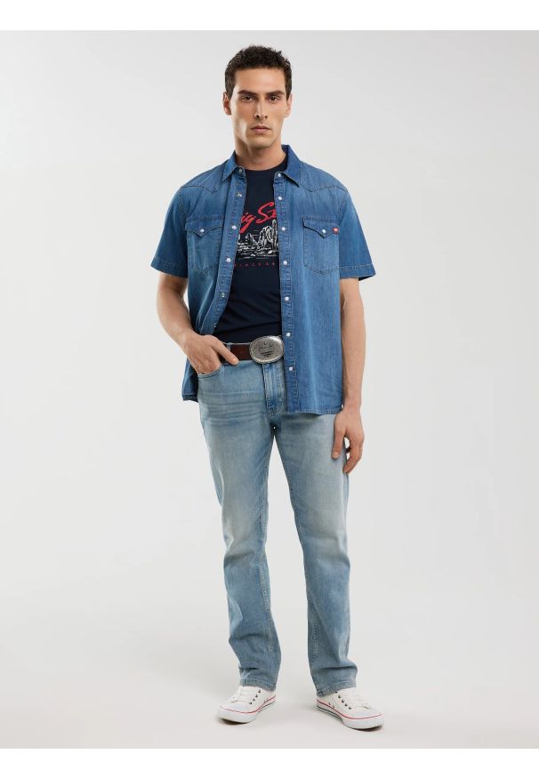 Big-Star - Koszulka męska z nadrukiem granatowa Sterir 403. Okazja: na co dzień. Kolor: niebieski. Materiał: bawełna, jeans. Wzór: nadruk. Styl: casual