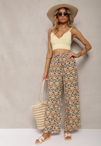 Renee - Zielono-Beżowe Wiskozowe Spodnie High Waist Szerokie z Gumką w Pasie i Kieszeniami Aizha. Stan: podwyższony. Kolor: zielony. Materiał: wiskoza