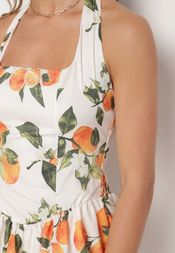 Born2be - Beżowa Sukienka o Kroju Bombki z Motywem Owoców Silmira. Okazja: na co dzień. Kolor: beżowy. Typ sukienki: bombki. Styl: elegancki, casual