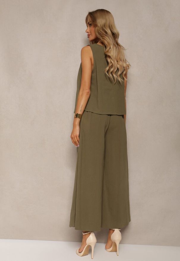 Renee - Ciemnozielony Komplet z Bawełny Spodnie Culottes i Luźny Top Tinelia. Kolor: zielony. Materiał: bawełna. Wzór: aplikacja